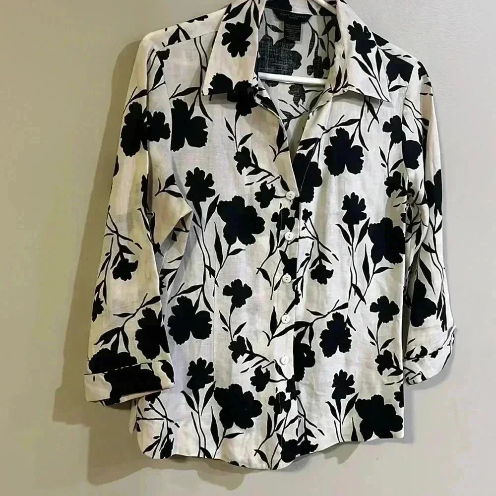 [PL] Anne Carson Petite Linen Black  Floral L/S Button Down Shirt